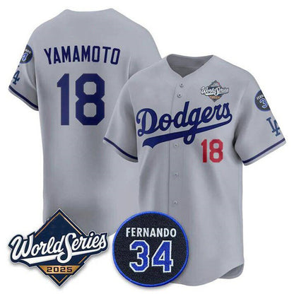 Los Angeles Dodgers #18 Yoshinobu Yamamoto Gray MIKSHPS 2025 World Series With No. 34 Patch Limited Stitched Jersey