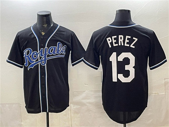 Kansas City Royals #13 Salvador Perez Black MIKSHPS 2026 Fashion Replica Black Out Stitched Jersey
