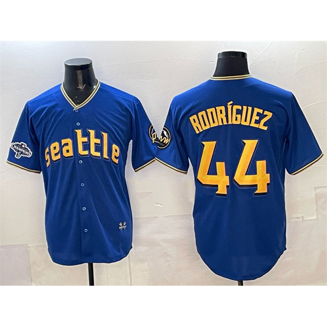 Seattle Mariners #44 Julio Rodr¨ªguez Royal MIKSHPS With 2025 AL West Division Champions Patch City Connect Limited Stitched Jersey