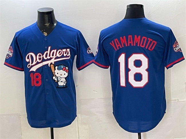 Los Angeles Dodgers #18 Yoshinobu Yamamoto Royal MIKSHPS Hello Kitty Night 2025 World Series Champions Patch Stitched Jersey
