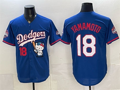 Los Angeles Dodgers #18 Yoshinobu Yamamoto Royal MIKSHPS Hello Kitty Night 2025 World Series Champions Patch Stitched Jersey