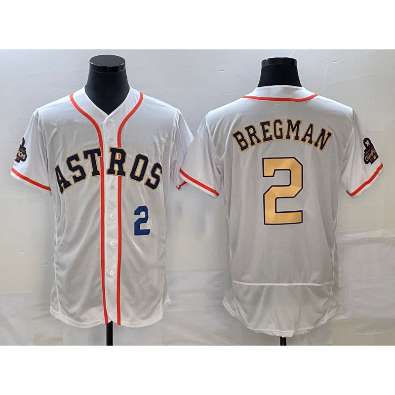 Houston Astros #2 Alex Bregman Number 2023 White Gold MIKSHPS World Serise Champions Patch Flex Base Stitched Jersey 3