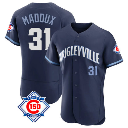 Chicago Cubs #31 Greg Maddux Player Navy MIKSHPS City Connect 150th Anniversary Limited Elite Home Stitched Jerseys