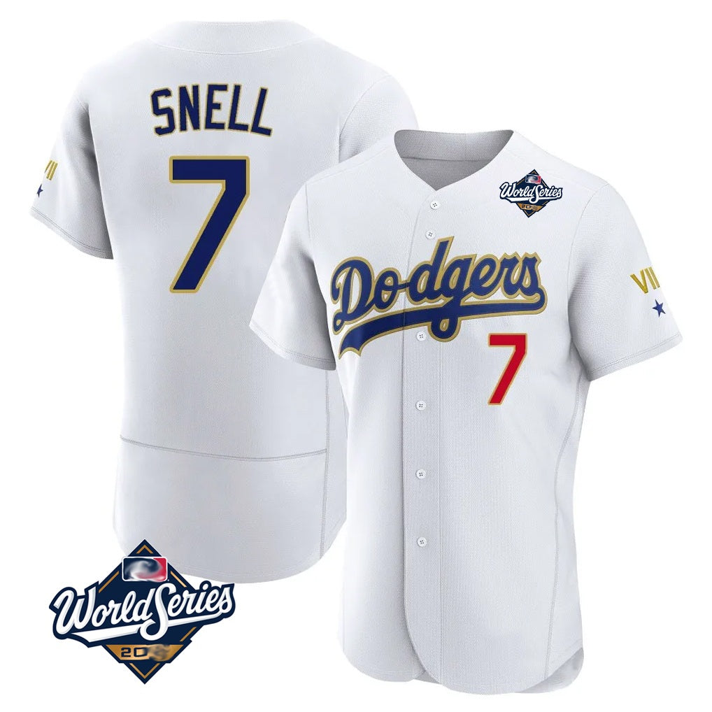 Los Angeles Dodgers #7 Blake Snell Player Gold White MIKSHPS 2026 Collection Stadium Limited Elite World Series Stitched Jerseys