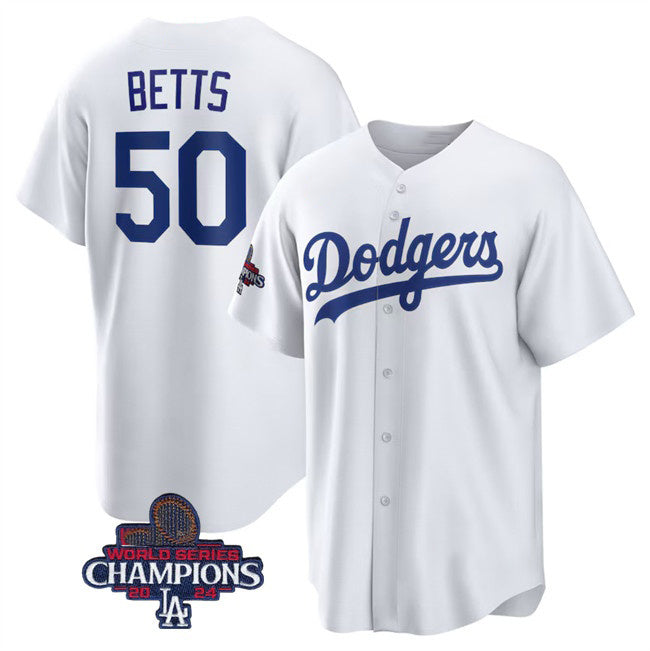 Los Angeles Dodgers #50 Mookie Betts White MIKSHPS 2024 World Series Champions Cool Base Stitched Jersey