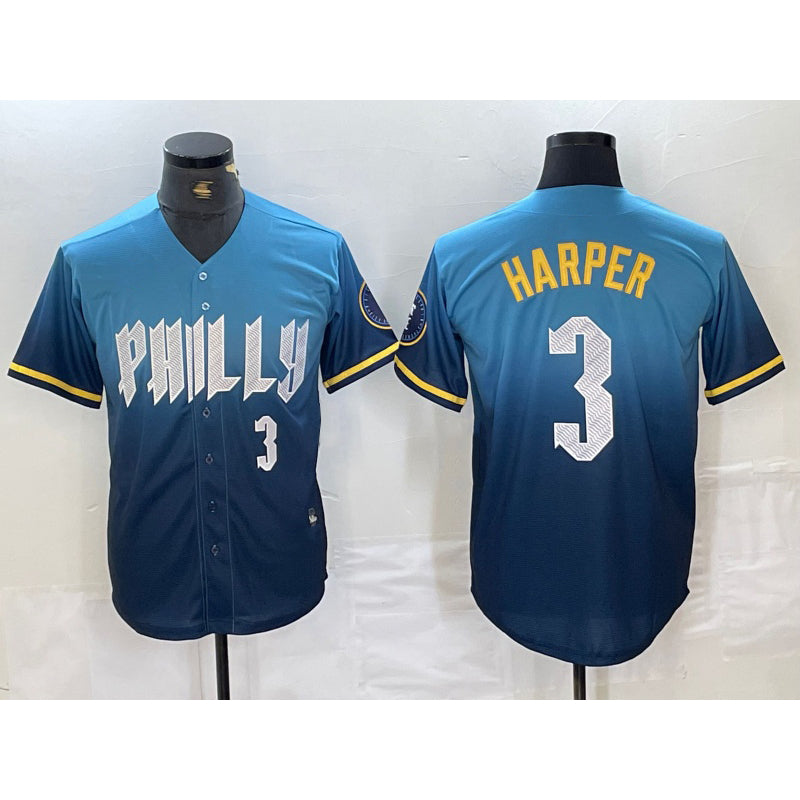 Philadelphia Phillies #3 Bryce Harper Number Blue MIKSHPS 2024 City Connect Limited Stitched Jersey