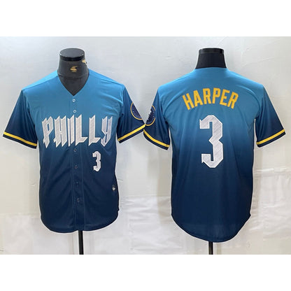 Philadelphia Phillies #3 Bryce Harper Number Blue MIKSHPS 2024 City Connect Limited Stitched Jersey
