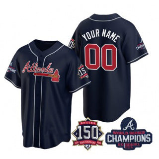 Custom Atlanta Braves Navy MIKSHPS Active Player 2021 World Series Chimpions With 150th Anniversary Cool Base Stitched Jersey