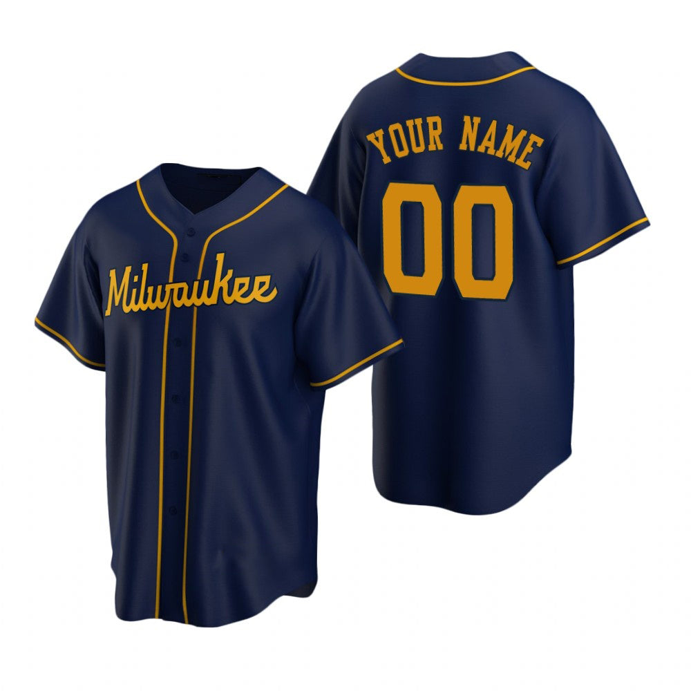 Custom Milwaukee Brewers Navy MIKSHPS Stitched Cool Base Jersey