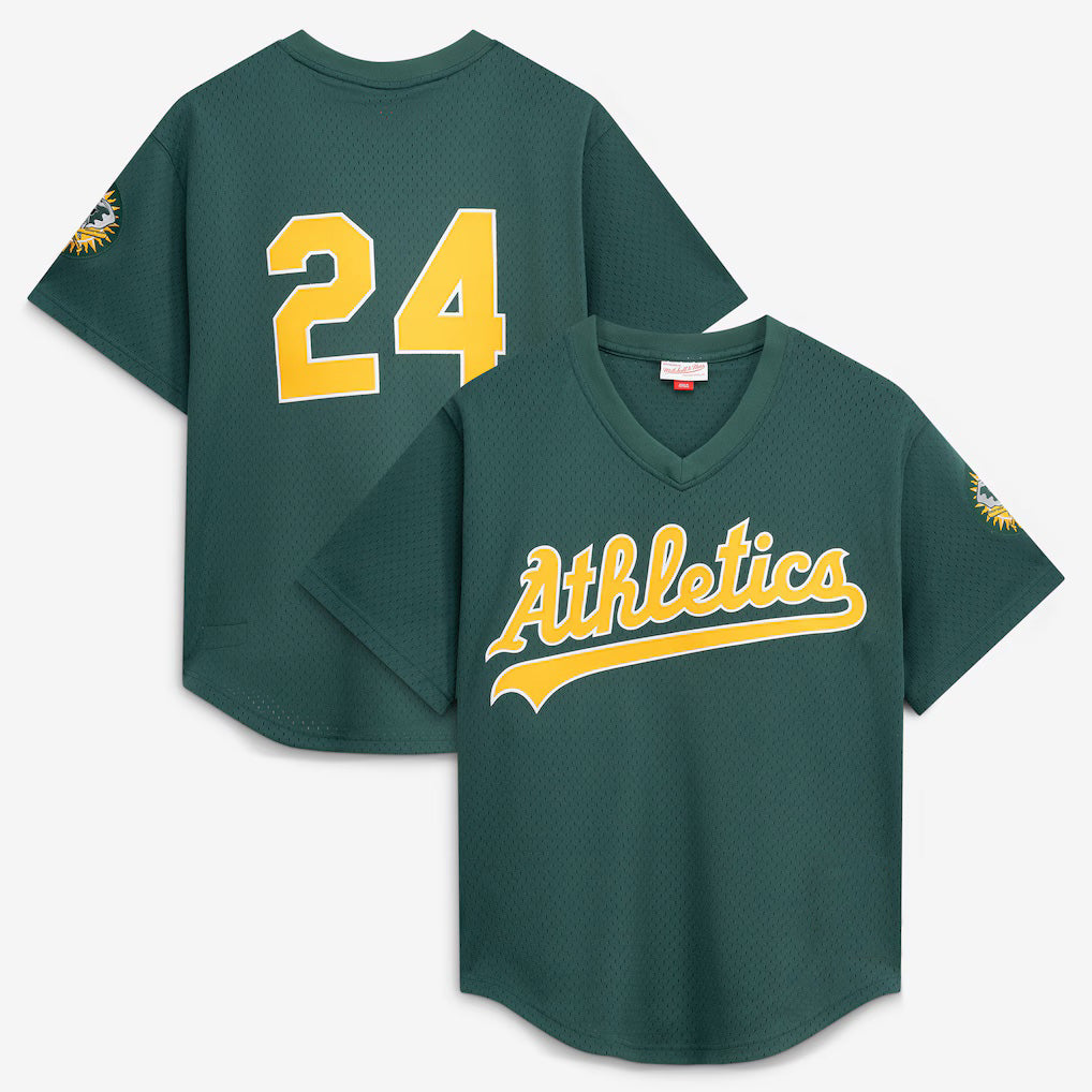 Oakland Athletics #24 Rickey Henderson Mitchell & Ness Green MIKSHPS Authentic Batting Practice Jersey