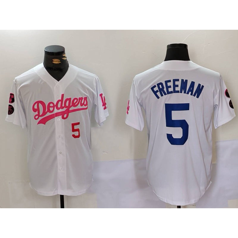Los Angeles Dodgers #5 Freddie Freeman White Pink MIKSHPS Vin & Kobe Patch Stitched Jerseys