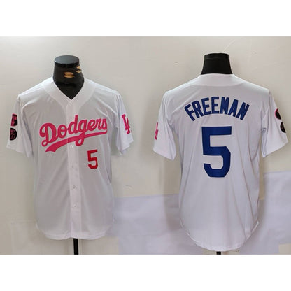 Los Angeles Dodgers #5 Freddie Freeman White Pink MIKSHPS Vin & Kobe Patch Stitched Jerseys