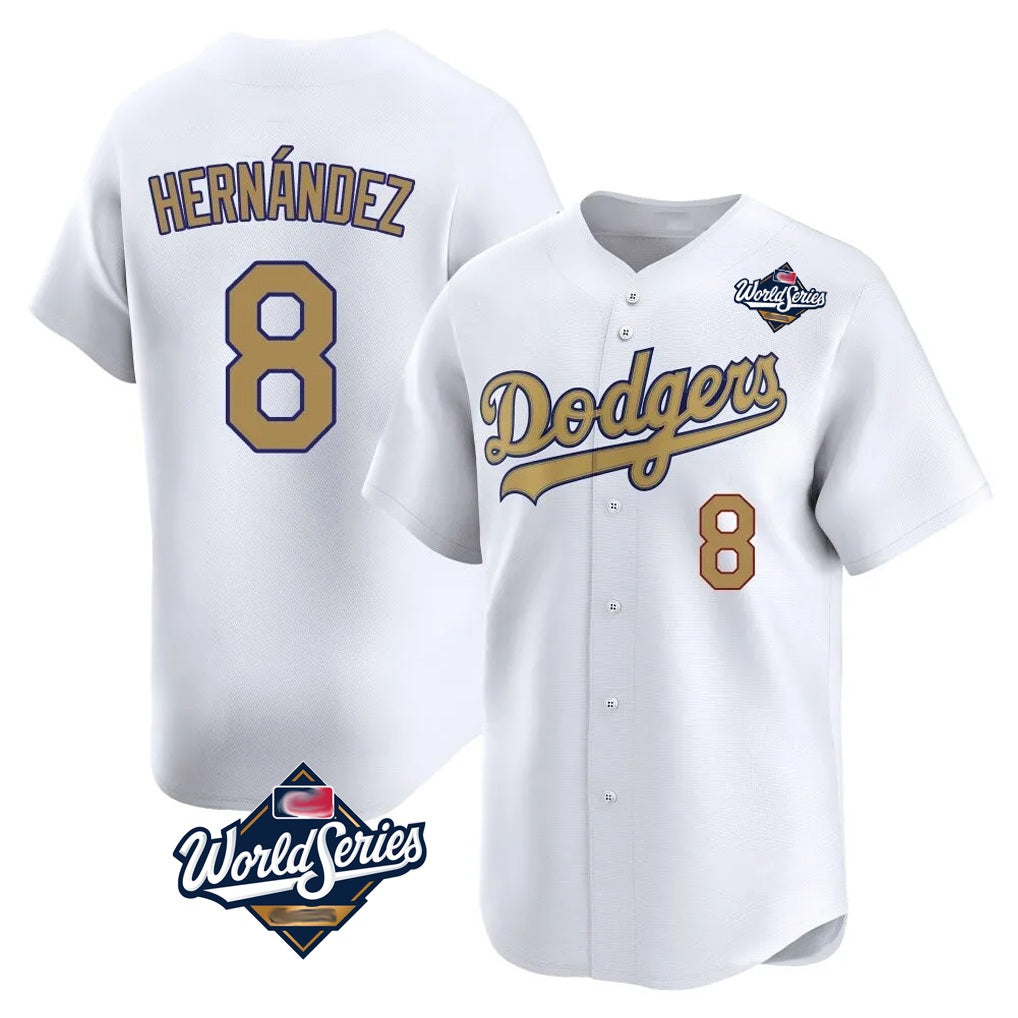 Los Angeles Dodgers #8 Enrique Hern¨¢ndez Player White Gold MIKSHPS World Series Collection Limited Home Stitched Jerseys