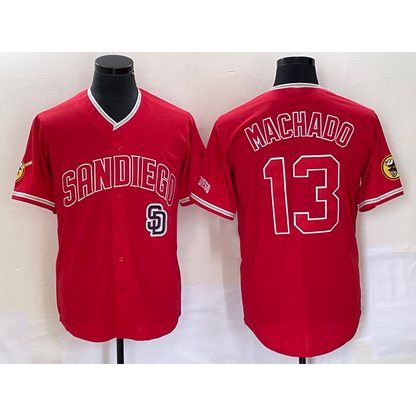 San Diego Padres #13 Manny Machado Red MIKSHPS NEW 2023 Cool Base Stitched Jersey