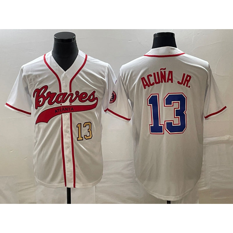 Atlanta Braves #13 Ronald Acuna Jr Number White MIKSHPS Cool Base With Patch Stitched Jersey