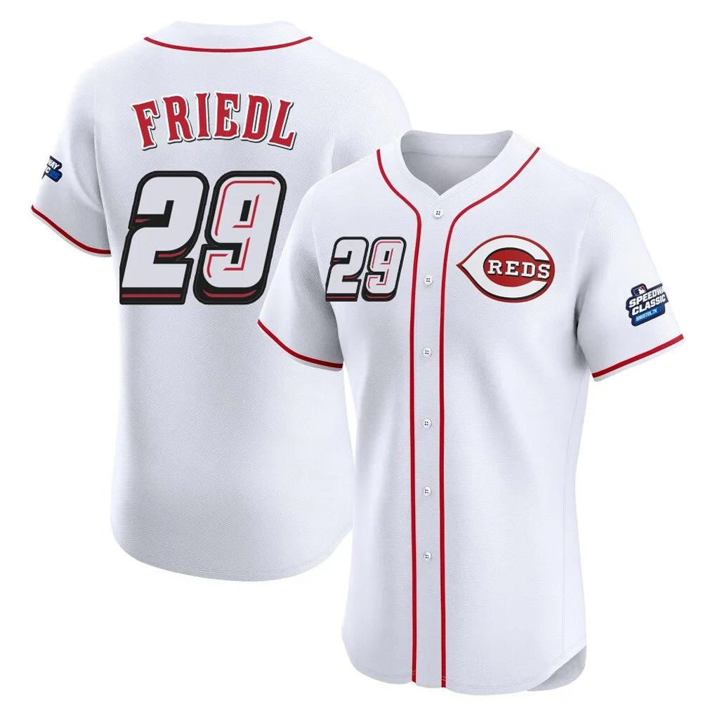 Cincinnati Reds #29 TJ Friedl Player White MIKSHPS Speedway Classic Limited Elite Home Stitched Jerseys