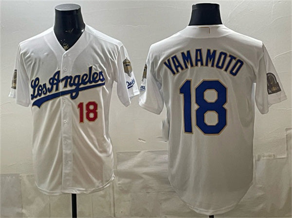 Los Angeles Dodgers #18 Yoshinobu Yamamoto White MIKSHPS 2026 Gold Collection 9x & B2B Champs Patch Stitched Jersey