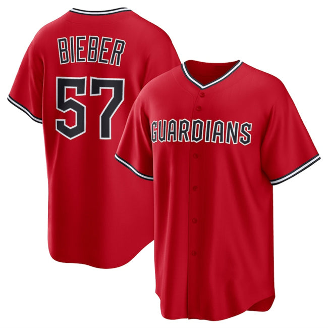Cleveland Guardians #57 Shane Bieber Red MIKSHPS Cool Base Stitched Jersey