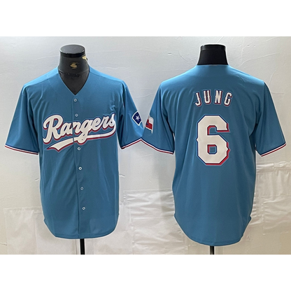 Texas Rangers #6 Josh Jung Light Blue MIKSHPS Team Logo Cool Base Jersey