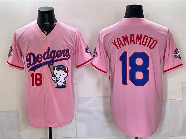 Los Angeles Dodgers #18 Yoshinobu Yamamoto Pink MIKSHPS Hello Kitty Night 2025 World Series Champions Patch Stitched Jersey