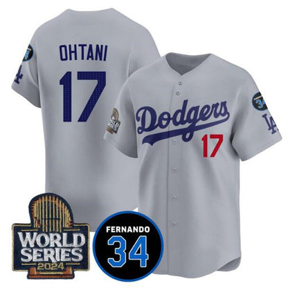 Los Angeles Dodgers #17 Shohei Ohtani Grey MIKSHPS 2024 World Series With Fernando Memorial Patch Limited Stitched Jersey