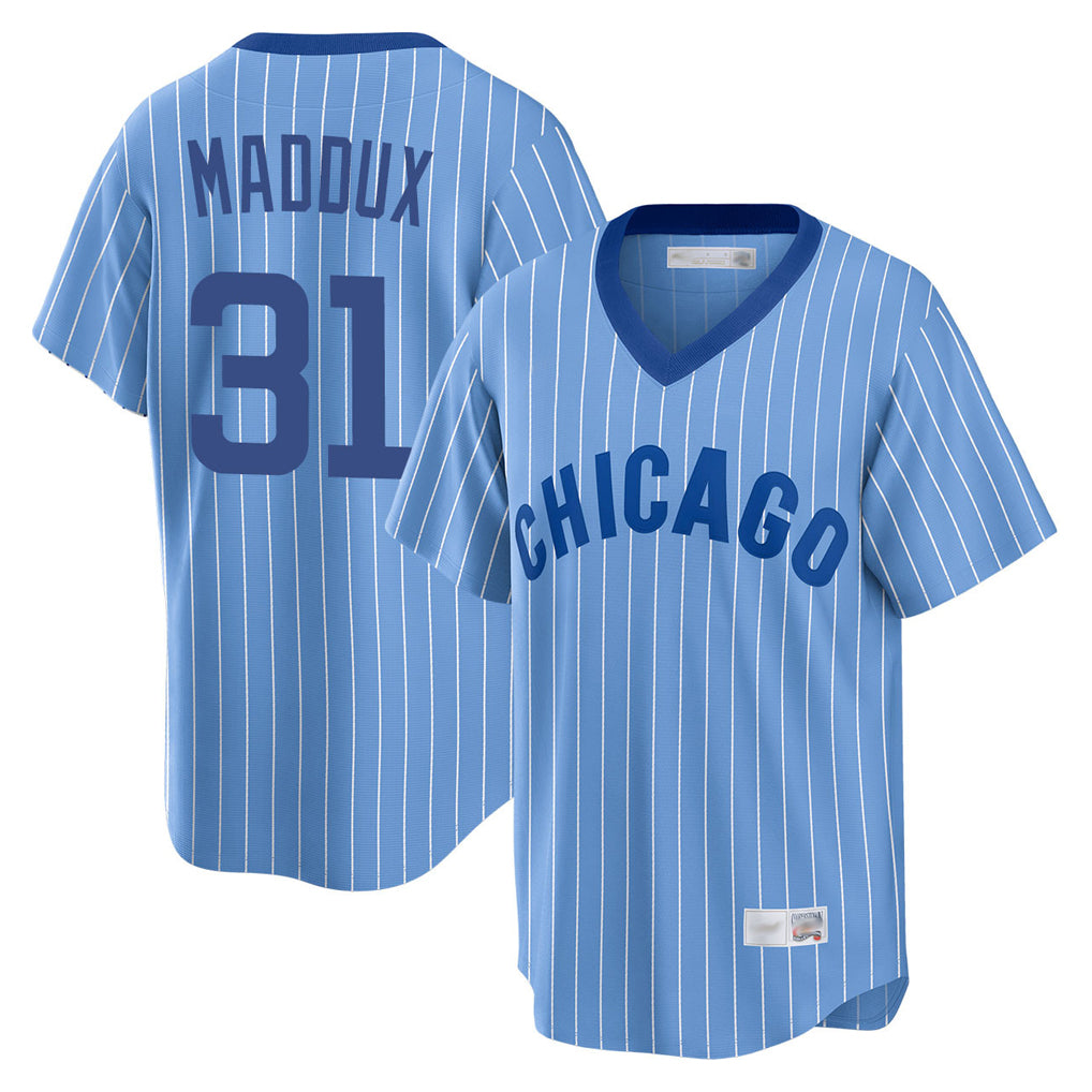 Chicago Cubs #31 Greg Maddux Player Blue MIKSHPS T-shirt Cooperstown Collection Limited Stitched Jerseys