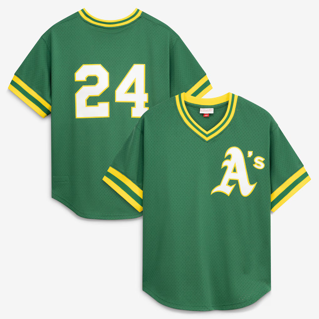 Oakland Athletics #24 Rickey Henderson Mitchell & Ness Green MIKSHPS Authentic Batting Practice Jersey 2