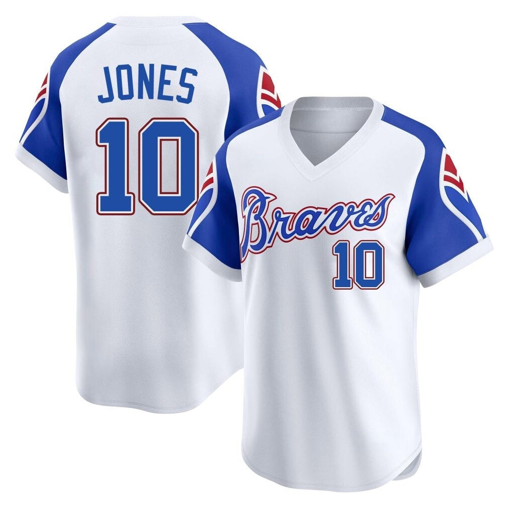 Atlanta Braves #10 Chipper Jones Player White MIKSHPS Throwback Cooperstown Collection T-shirt Game Stitched Jerseys