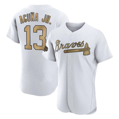 Atlanta Braves #13 Ronald Acuna Jr Player White-Gold MIKSHPS All-Star Limtied Elite Home Game Stitched Jerseys