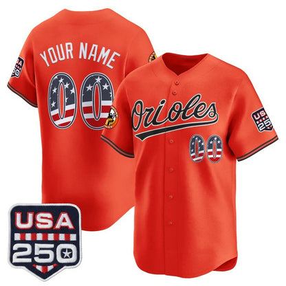 Custom Baltimore Orioles Orange MIKSHPS USA 250 Fourth of July Vapor Premier Limited Jersey - All Stitched