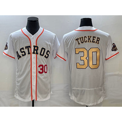 Houston Astros #30 Kyle Tucker Number 2023 White Gold MIKSHPS World Serise Champions Patch Flex Base Stitched Jersey