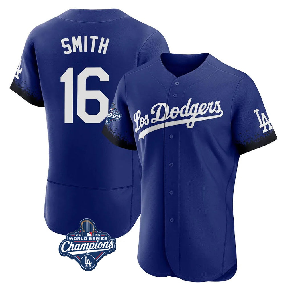 Los Angeles Dodgers #16 Will Smith Player Royal MIKSHPS World Series Meet City Connect Elite Home Stitched Jerseys