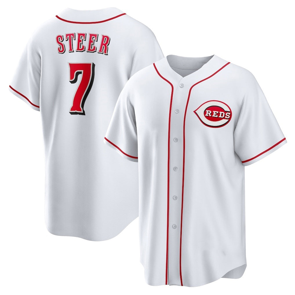 Cincinnati Reds #7 Spencer Steer White MIKSHPS Home Replica Jersey