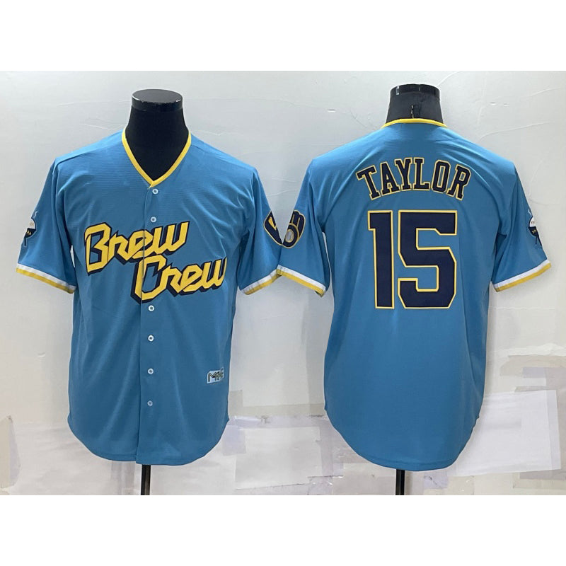 Milwaukee Brewers #15 Tyrone Taylor Blue MIKSHPS 2022 City Connect Cool Base Stitched Jersey