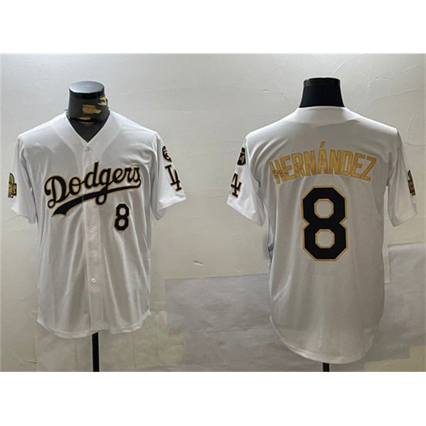 Los Angeles Dodgers #8 Enrique Hernandez White MIKSHPS Gold 2024 World Series With Fernando Memorial Patch Home Limited Stitched Jersey