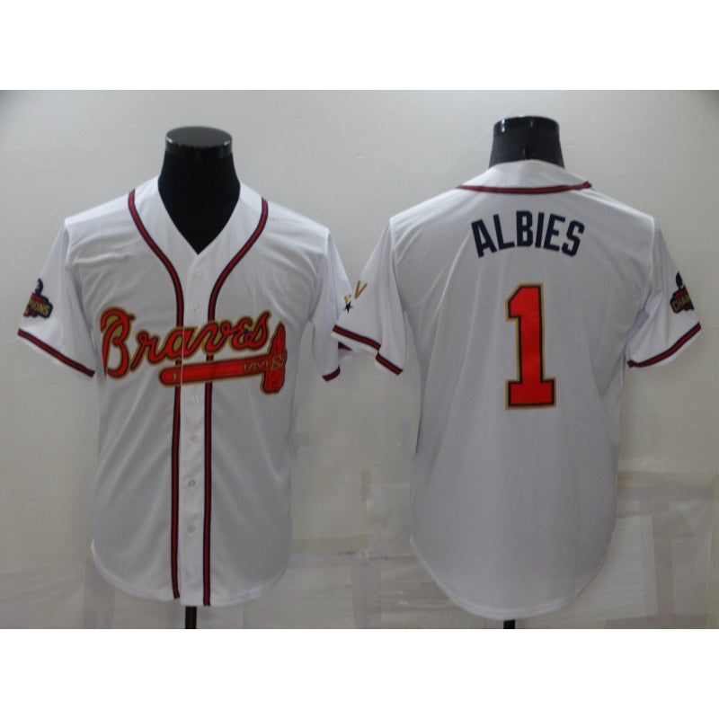 Atlanta Braves #1 Ozzie Albies 2022 White Gold MIKSHPS World Series Champions Program Cool Base Stitched Jersey