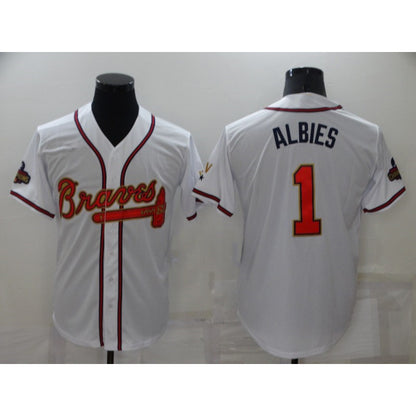 Atlanta Braves #1 Ozzie Albies 2022 White Gold MIKSHPS World Series Champions Program Cool Base Stitched Jersey
