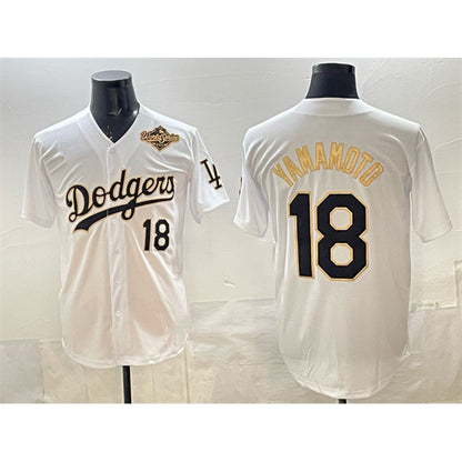 Los Angeles Dodgers #18 Yoshinobu Yamamoto White Gold MIKSHPS 2025 World Series Patch Limited Stitched Jersey