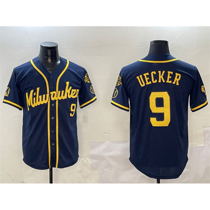 Milwaukee Brewers #9 Bob Uecker Navy MIKSHPS With Home Patch Limited Stitched Jersey