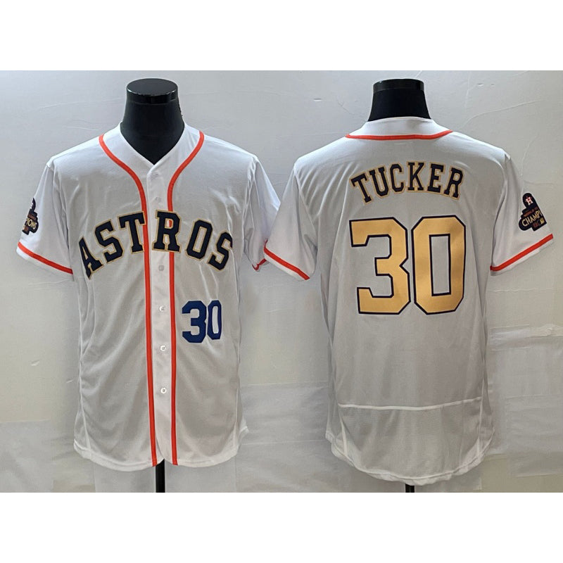 Houston Astros #30 Kyle Tucker Number 2023 White Gold MIKSHPS World Serise Champions Patch Flex Base Stitched Jersey 3