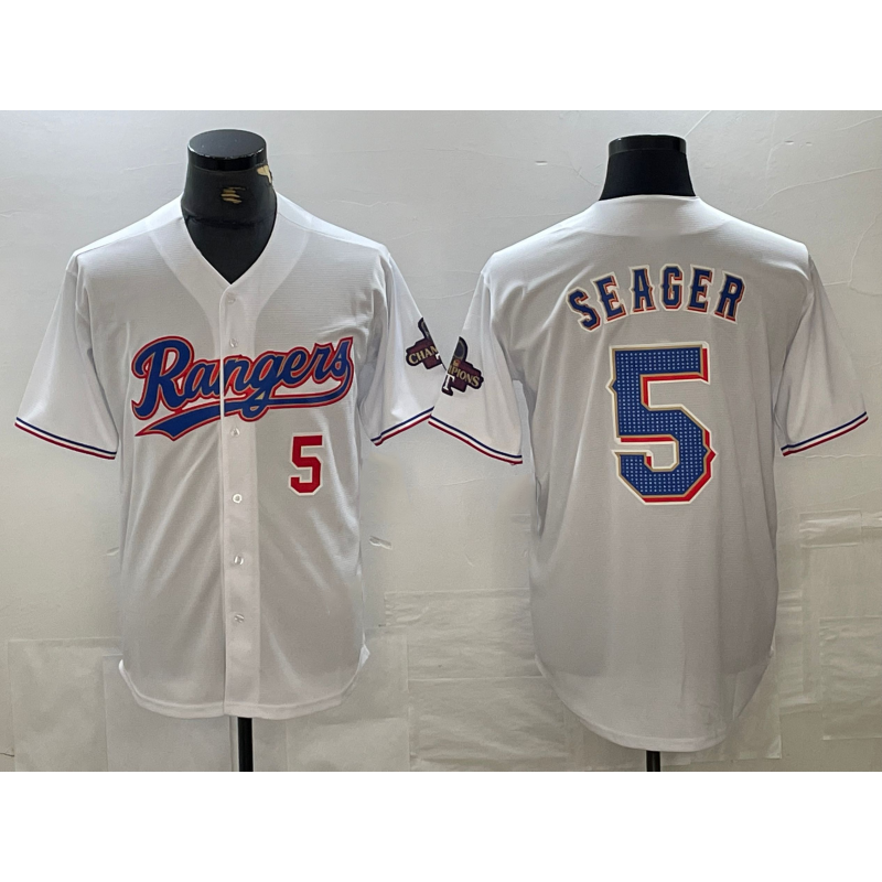 Texas Rangers #5 Corey Seager Number White MIKSHPS 2023 World Series Champions Cool Base Jersey 2