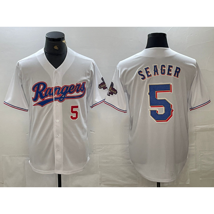Texas Rangers #5 Corey Seager Number White MIKSHPS 2023 World Series Champions Cool Base Jersey 2