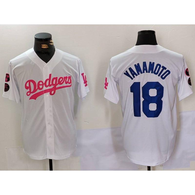 Los Angeles Dodgers #18 Yoshinobu Yamamoto White Pink MIKSHPS Vin & Kobe Patch Stitched Jersey1