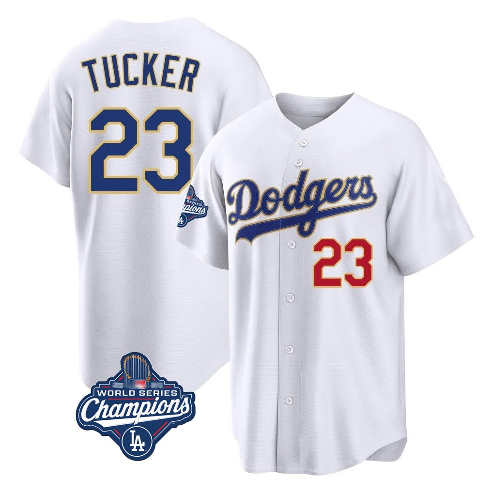 Los Angeles Dodgers #23 Kyle Tucker Player Gold White MIKSHPS World Series Meet 2026 Collection Stadium Limited Stitched Jerseys