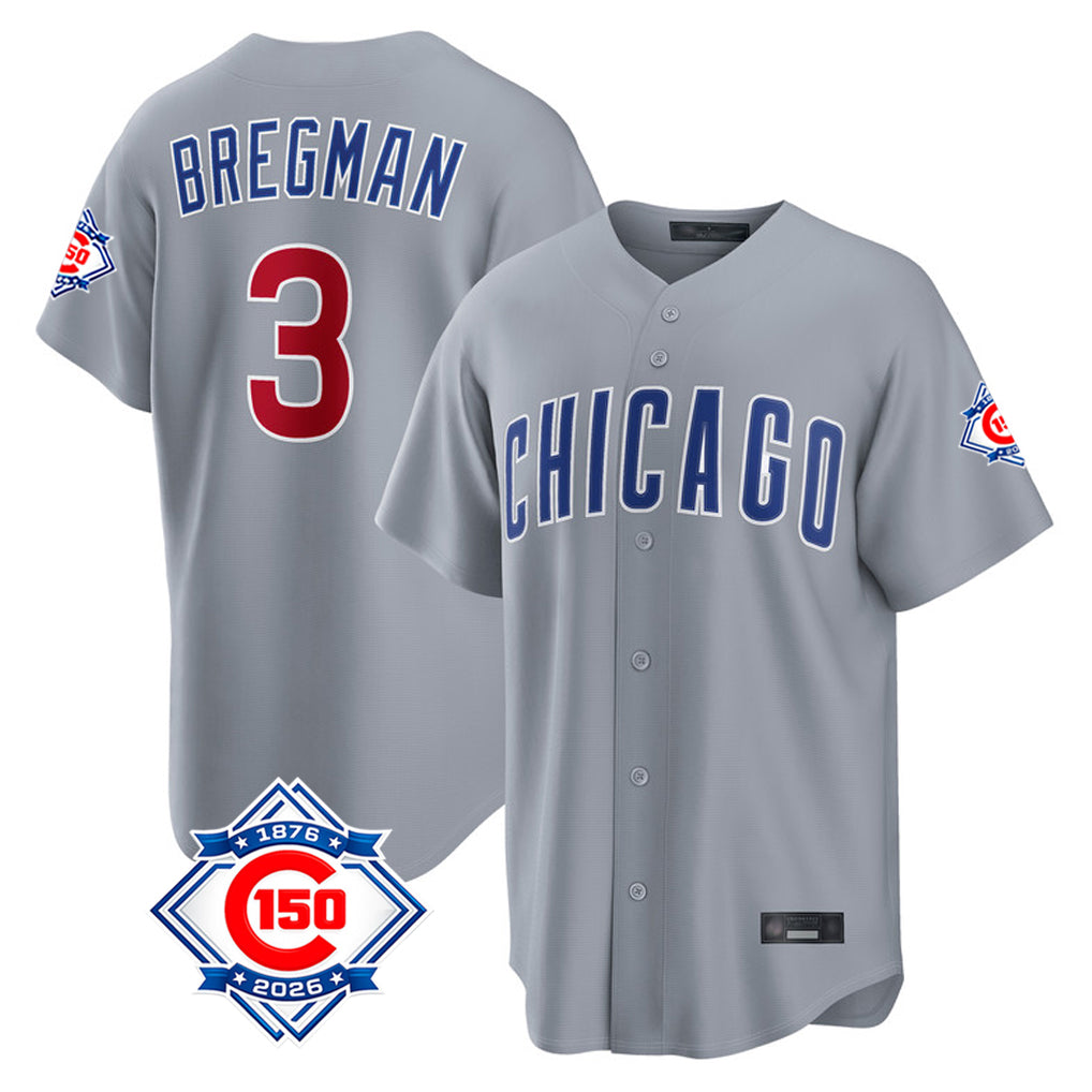 Chicago Cubs #3 Alex Bregman Player Gray MIKSHPS 150th Anniversary Home Game Stitched Jerseys