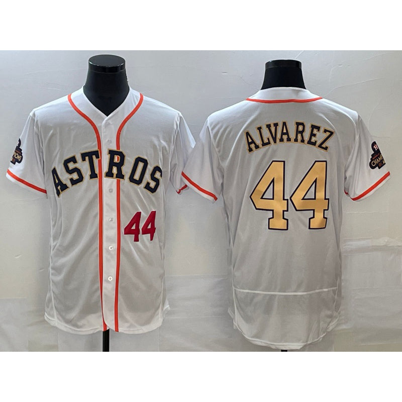 Houston Astros #44 Yordan Alvarez Number 2023 White Gold MIKSHPS World Serise Champions Patch Flex Base Stitched Jersey