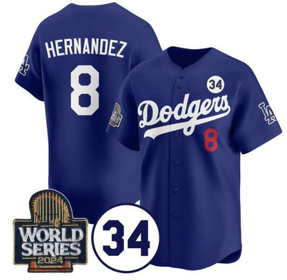 Los Angeles Dodgers #8 Enrique Hernandez Royal MIKSHPS 2024 World Series With No. 34 Patch Limited Stitched Jersey