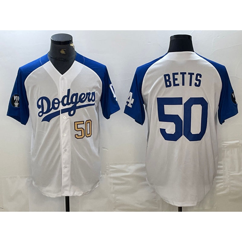 Los Angeles Dodgers #50 Mookie Betts Number White Blue MIKSHPS Fashion Stitched Cool Base Limited Jersey 3
