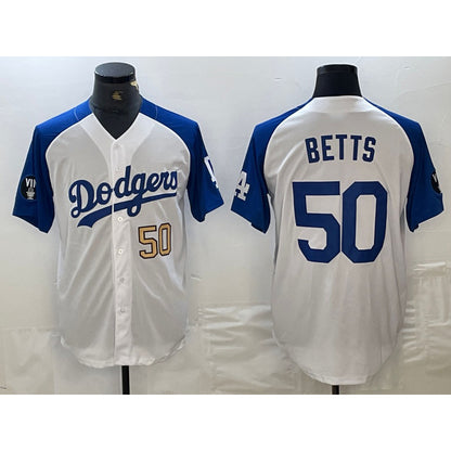 Los Angeles Dodgers #50 Mookie Betts Number White Blue MIKSHPS Fashion Stitched Cool Base Limited Jersey 3