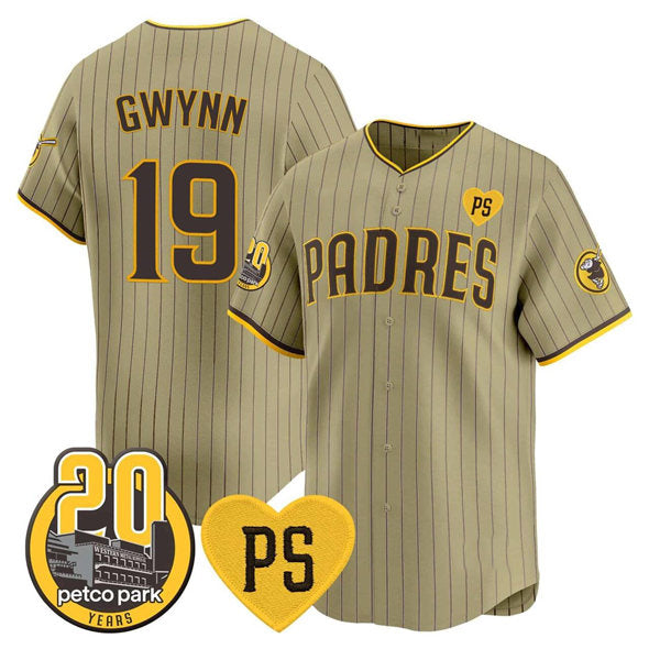San Diego Padres #19 Tony Gwynn Tan MIKSHPS 'For Peter' And Petco Park 20th Patch Limited Stitched Jersey
